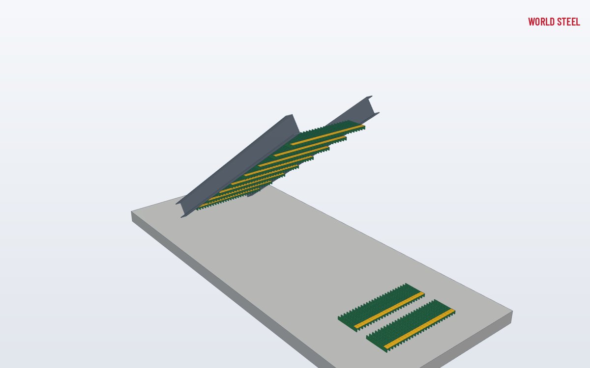 Lower-angle view of a flight of FRP stair treads between steel stringers