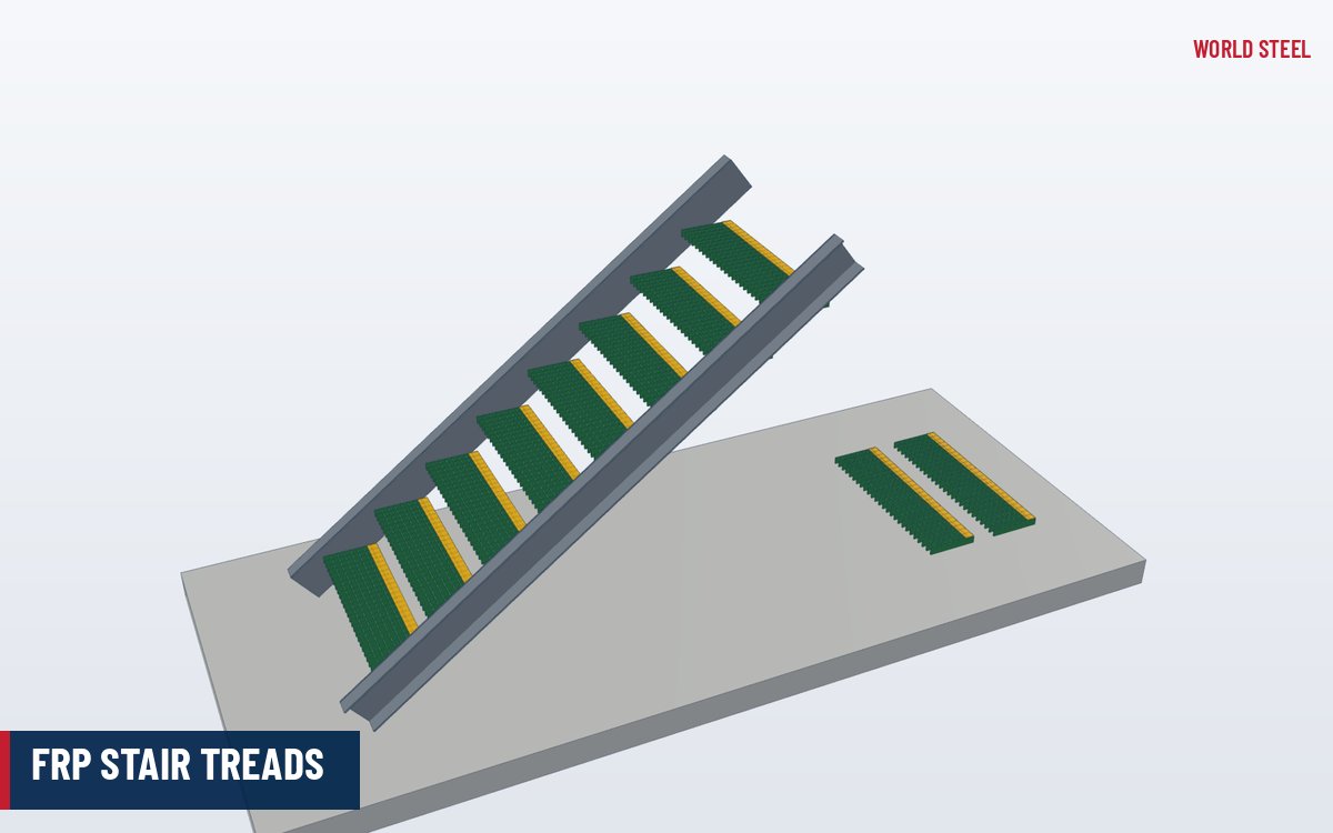 3D render of a steel stair fitted with FRP grating treads and yellow nosings