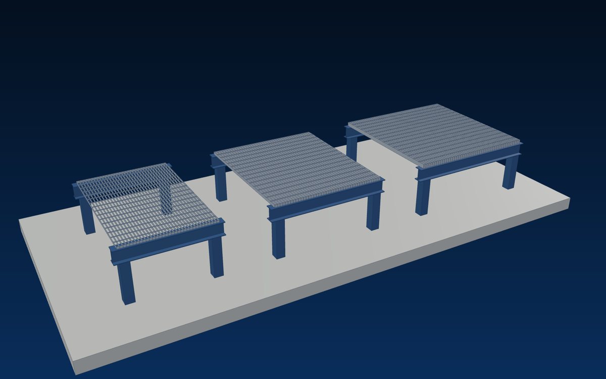Three grating panels of increasing bar depth on increasing spans