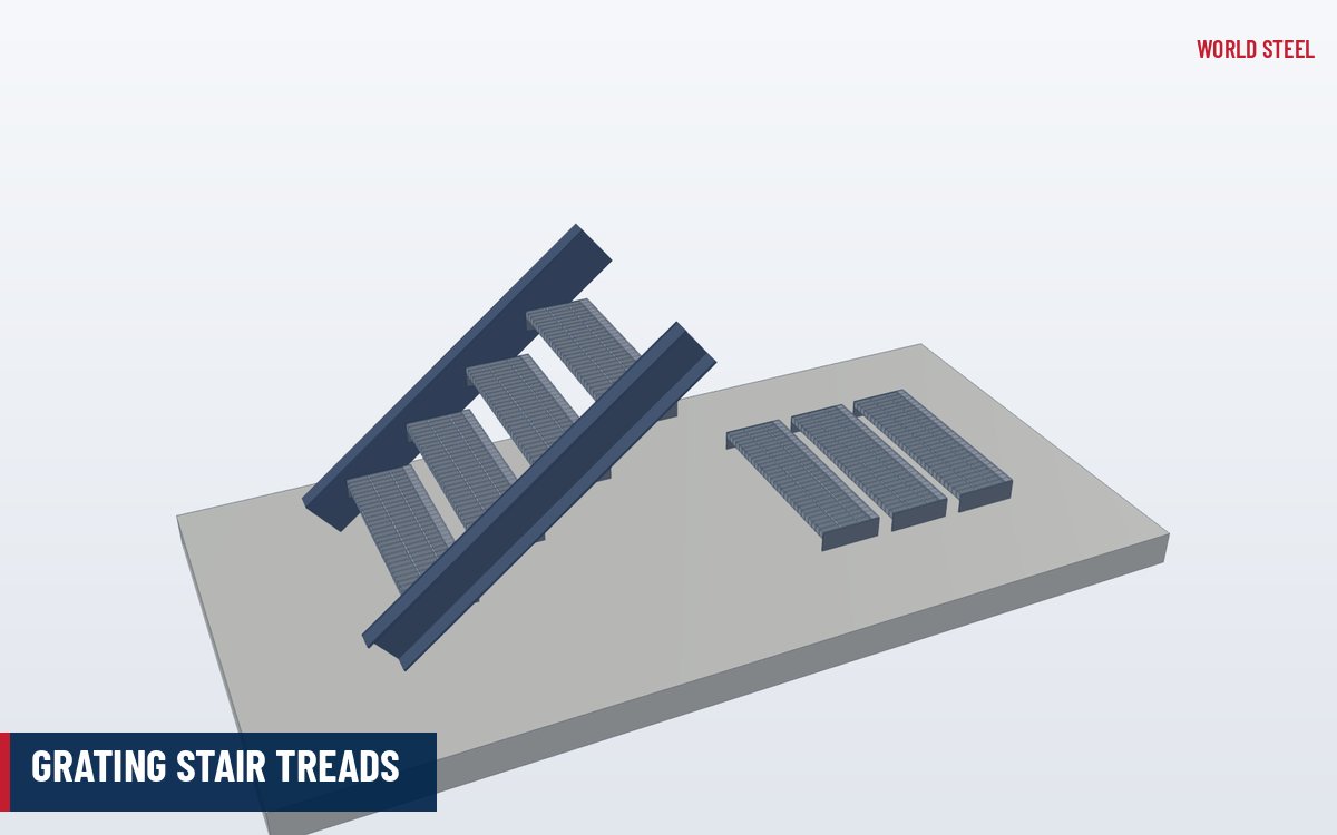 Galvanized grating stair treads with checkered nosing on steel stringers