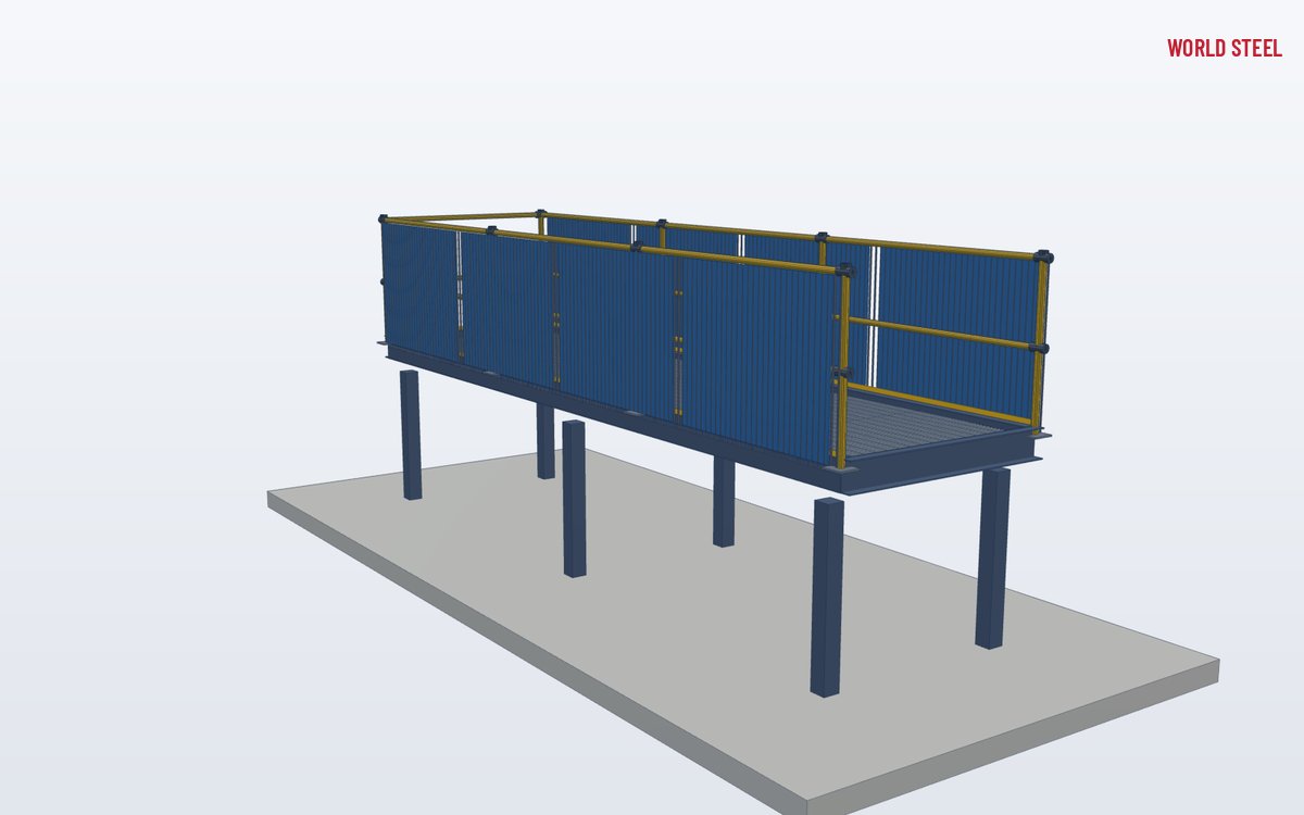 Low-angle view of a walkway edge closed with galvanised mesh infill panels