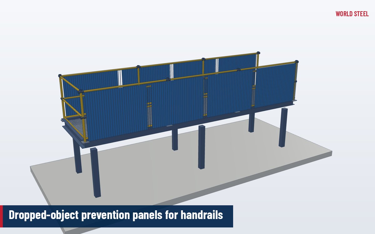 Isometric 3D render of mesh infill panels clamped to an existing platform handrail