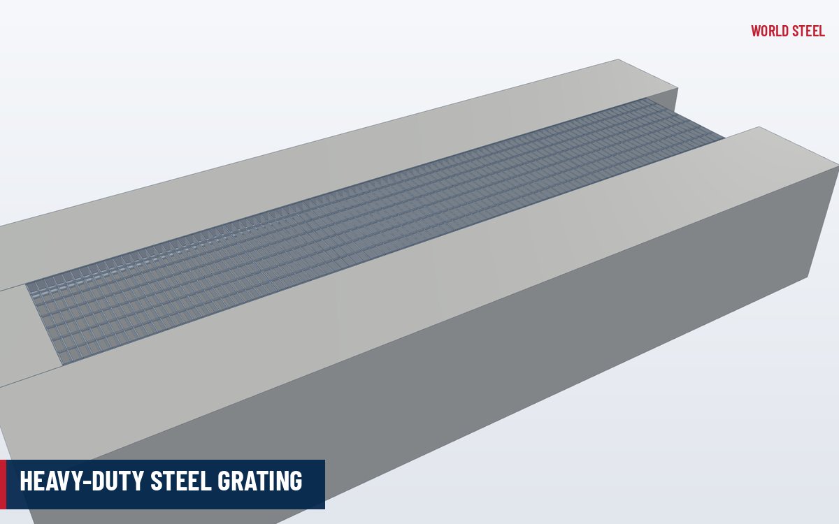 Heavy-duty galvanized grating covering a concrete trench
