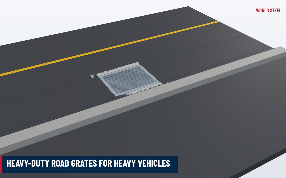 Heavy-duty galvanised steel road grate in a deep steel frame