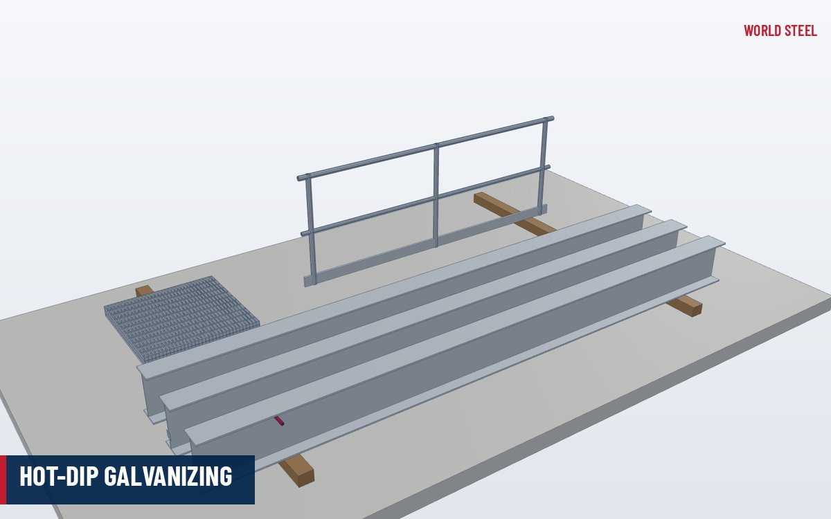Isometric render of hot-dip galvanized steel beams, grating and handrail ready for dispatch