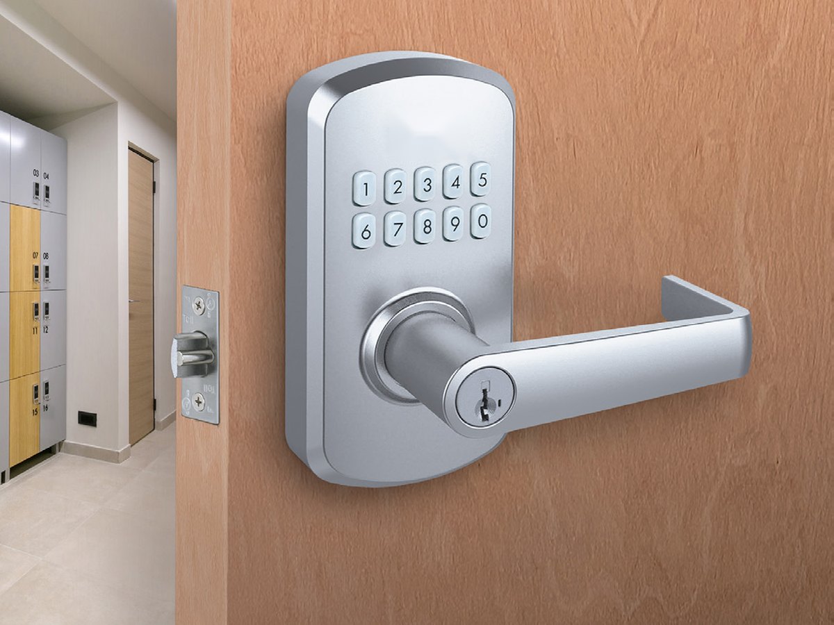Electronic keypad lever lock on a door