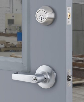 Lever lock and deadbolt on a steel door