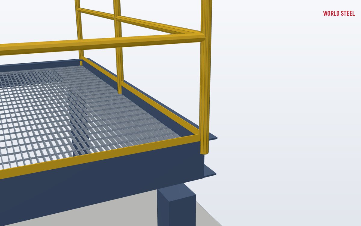 Close-up of a guardrail post base plate with top rail, mid rail and toe board