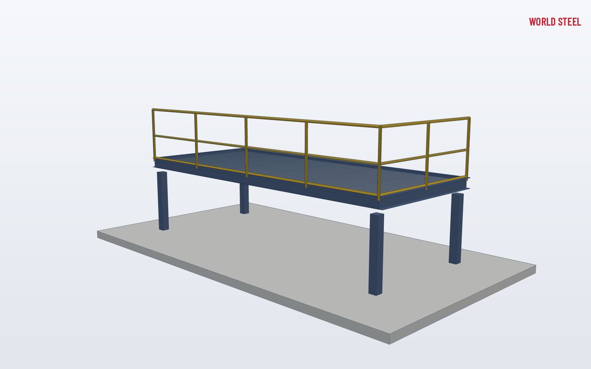 Low-angle view of a yellow-painted guardrail along a steel platform edge