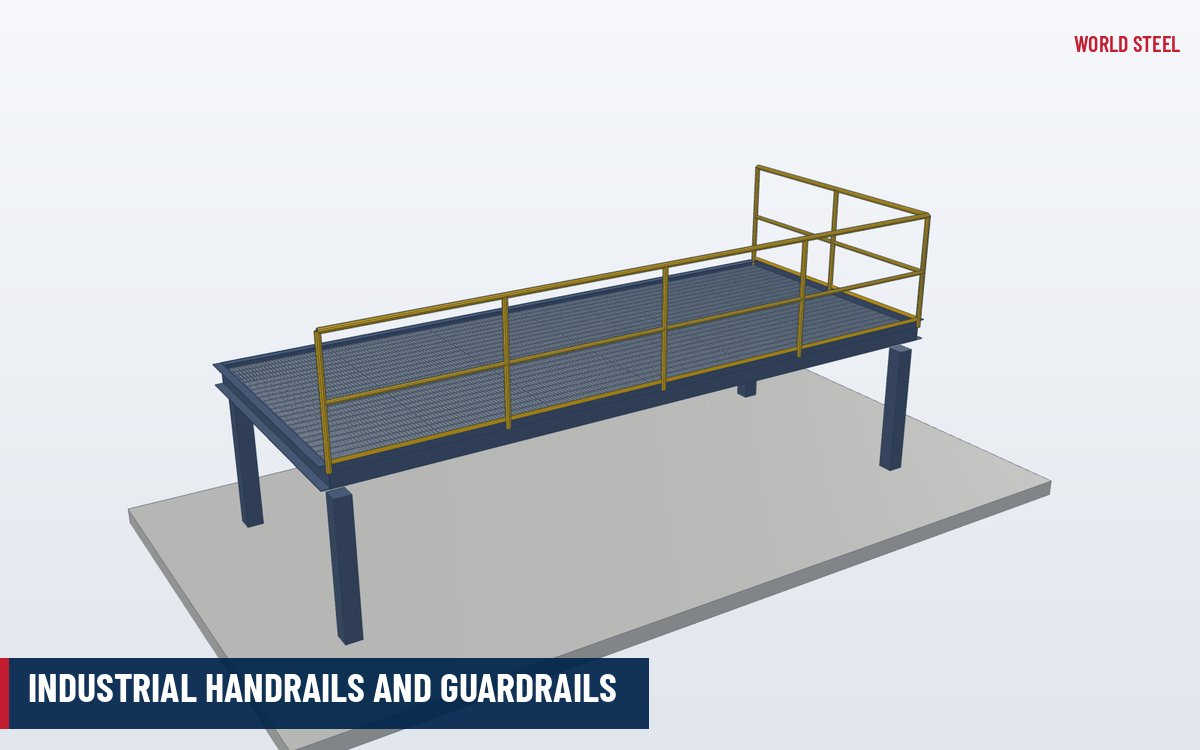 Isometric 3D render of an industrial steel guardrail with posts, top rail, mid rail and toe board