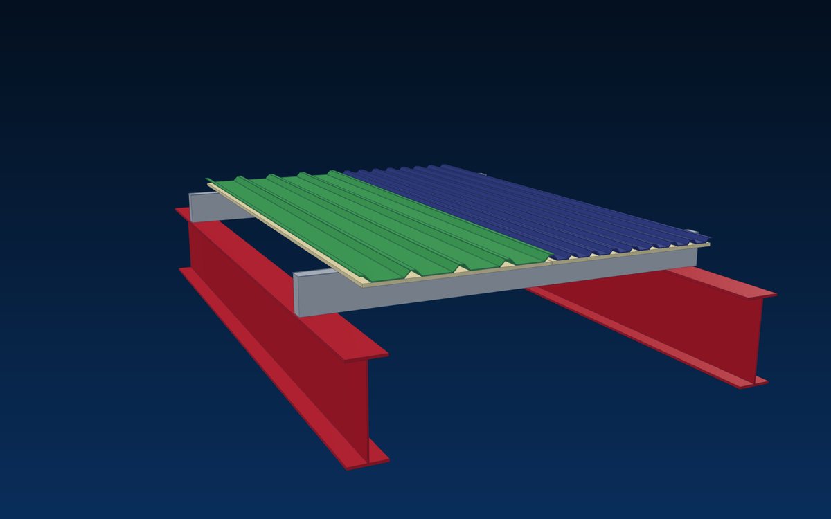 Insulated roof sheets with PU foam underside on purlins