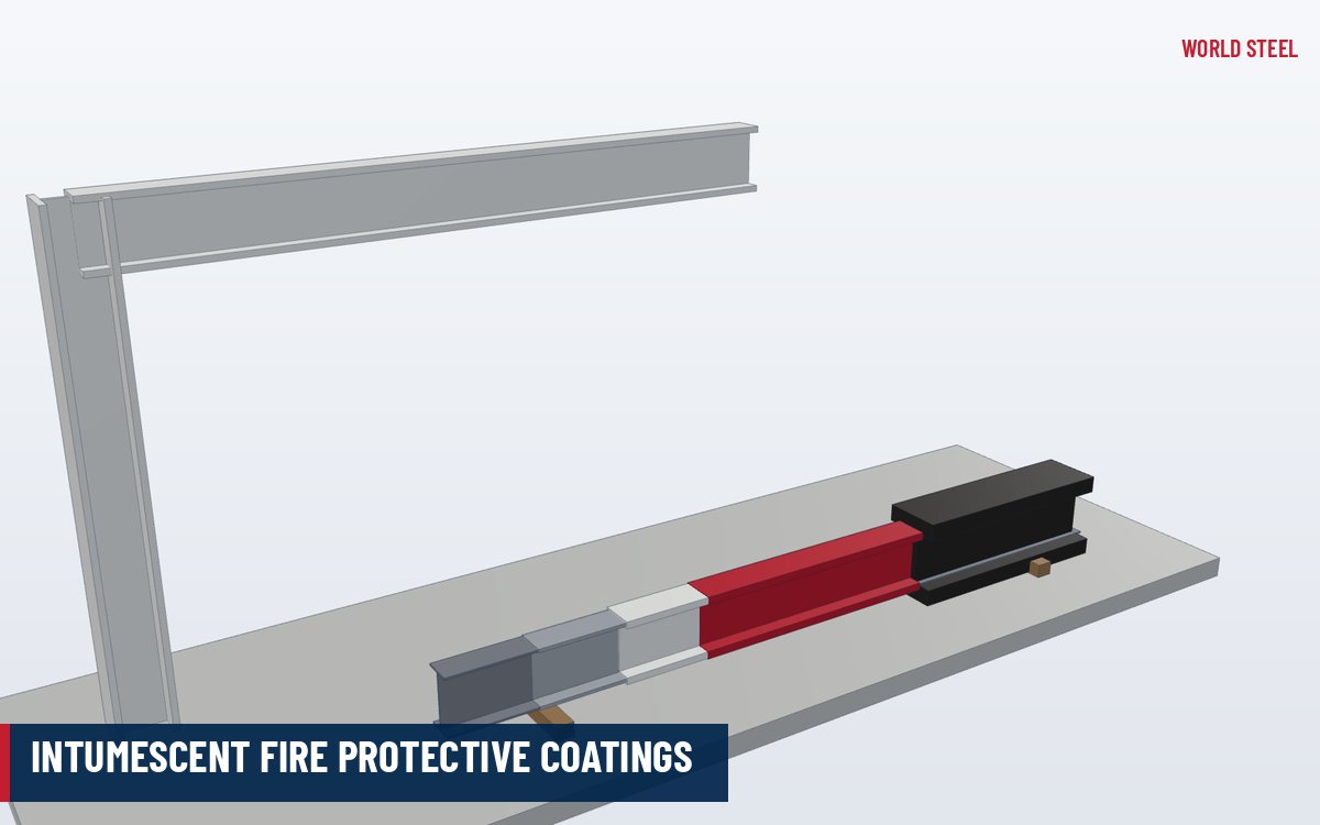 Isometric render of steel beams and columns finished with intumescent coating and topcoat