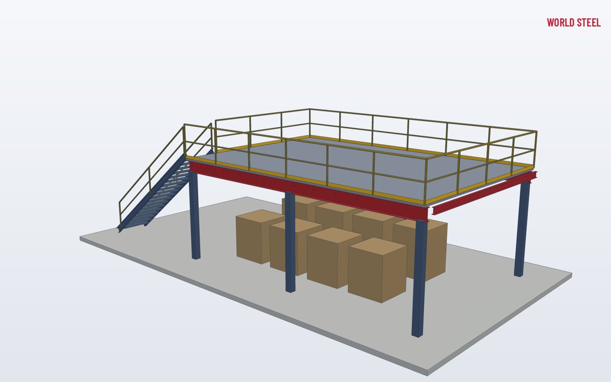 Low-angle view of a warehouse mezzanine with stair and guardrail