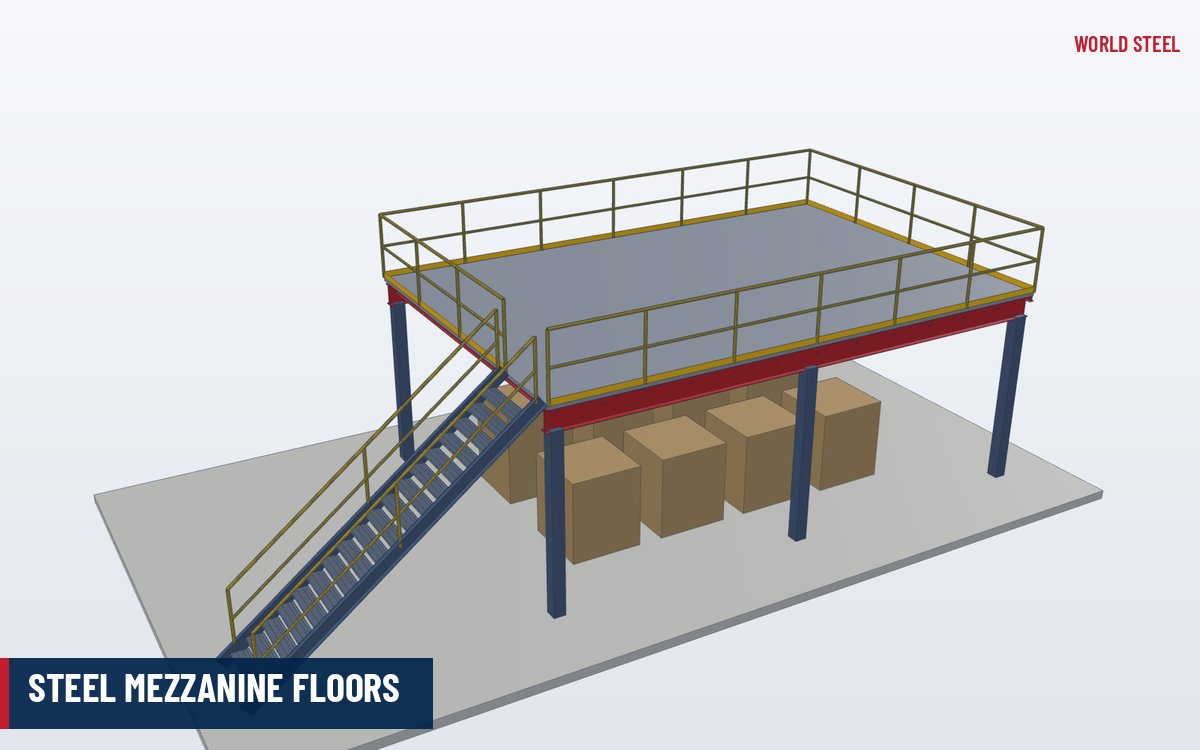 Isometric 3D render of a steel mezzanine floor with columns, beams, deck, stair and guardrail