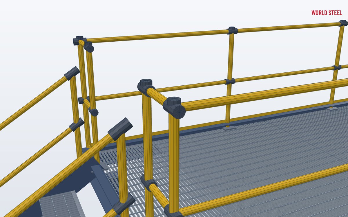 Modular handrail fittings at the head of a steel stair