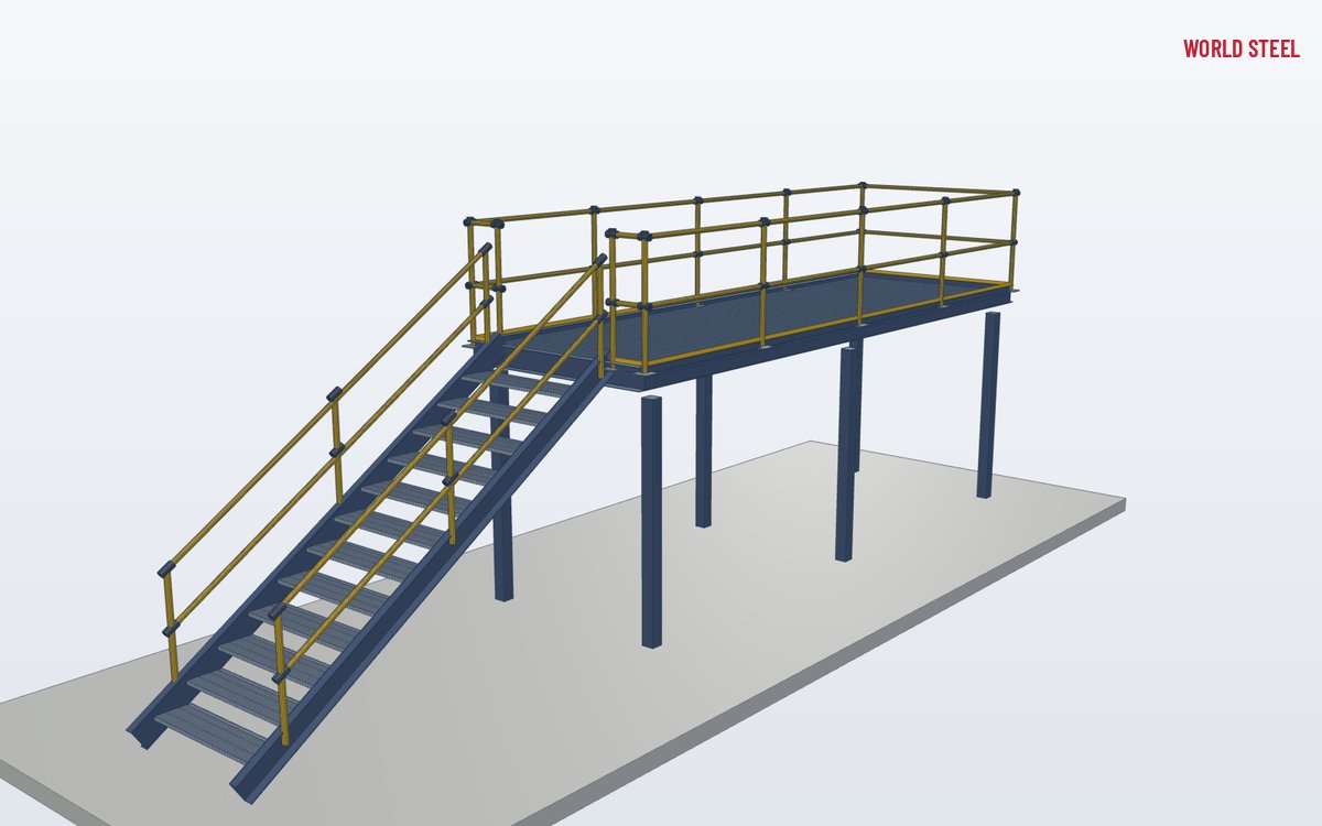 Steel stair and platform with yellow modular handrails