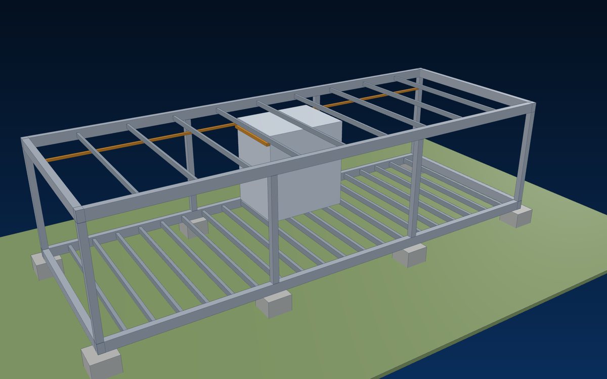 Galvanised steel frame of a WS module with joists, bathroom pod and footings