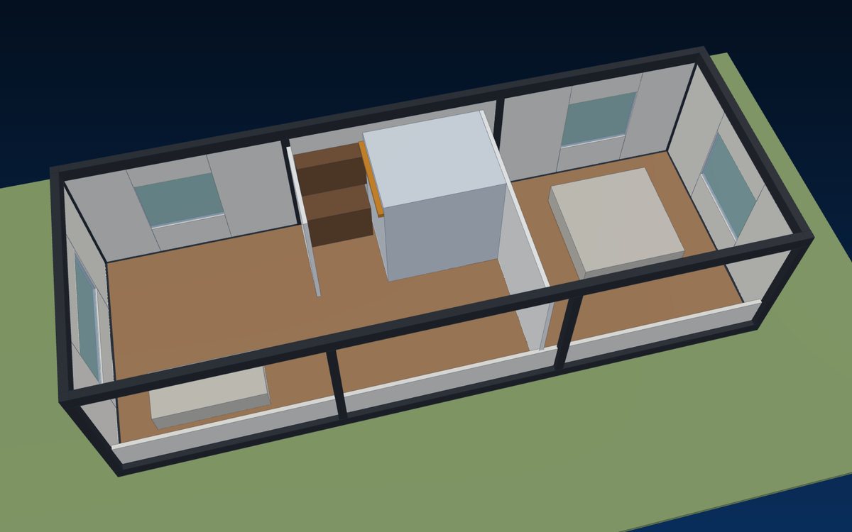Cutaway of a finished module showing living, kitchen, bathroom pod and bedroom