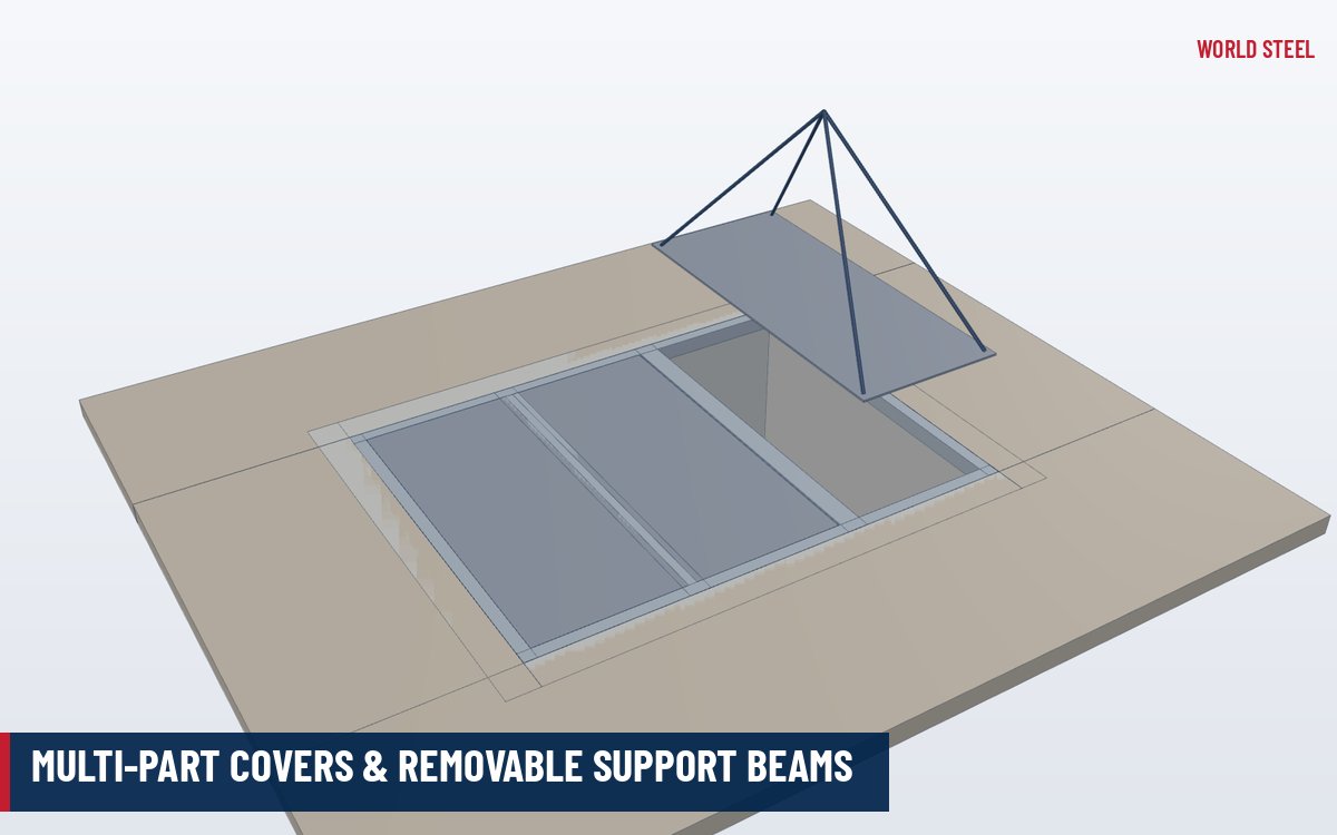 3D render of a large access opening closed by several cover segments on removable intermediate beams
