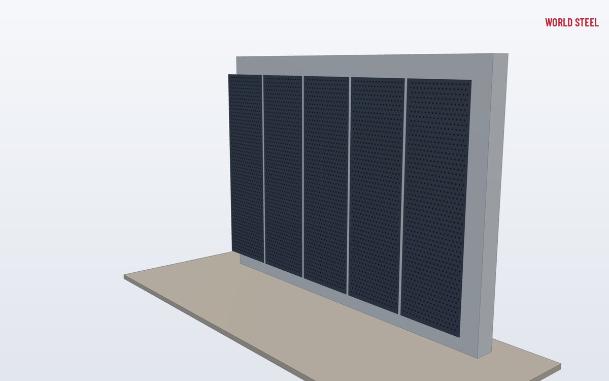 Low-angle view of perforated panels used as a screen and balustrade infill