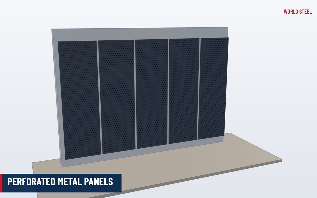 3D render of powder-coated perforated metal facade panels with round holes