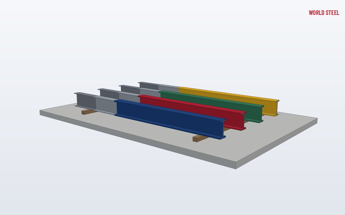 Low-angle view of coated steel members from different paint systems laid out in the yard