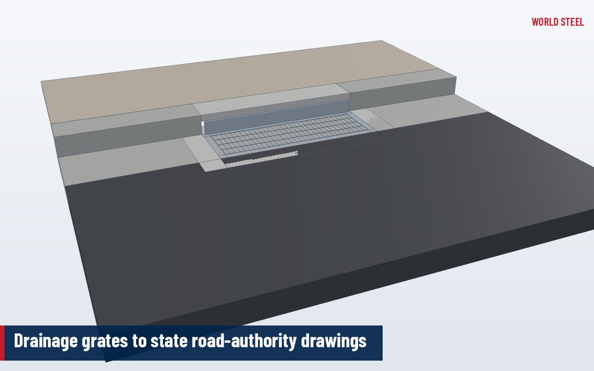 3D render of a kerb inlet pit with a galvanised steel grate and frame at a road kerb