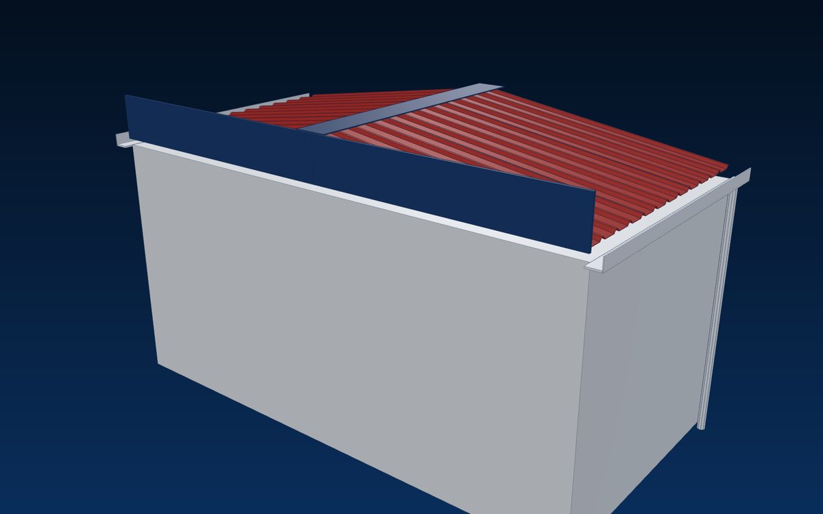 Roof corner with ridge capping, eave gutter, downspout and gable trim
