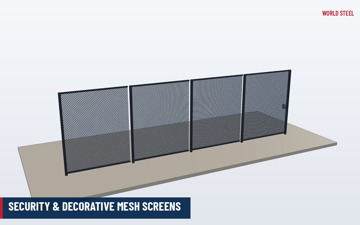 3D render of a framed heavy mesh enclosure with a lockable gate around plant equipment