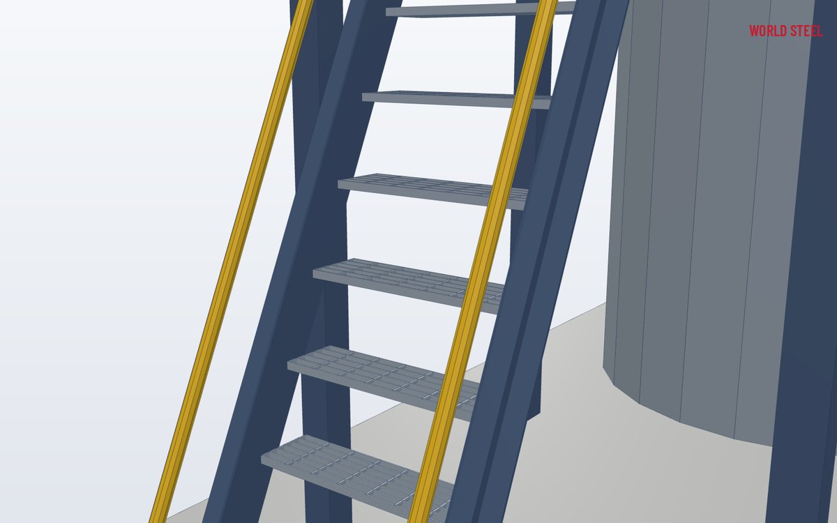 Close-up of steep grating treads bolted between stringers with handrails