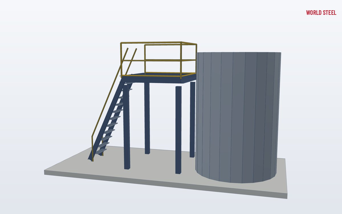 Low-angle view of a ship ladder rising to an equipment platform