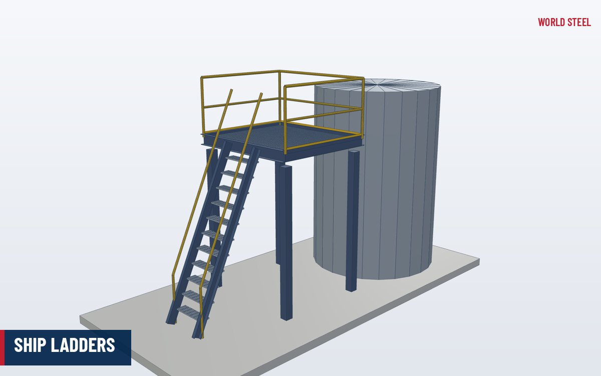 Isometric 3D render of a steel ship ladder with grating treads and handrails on both sides