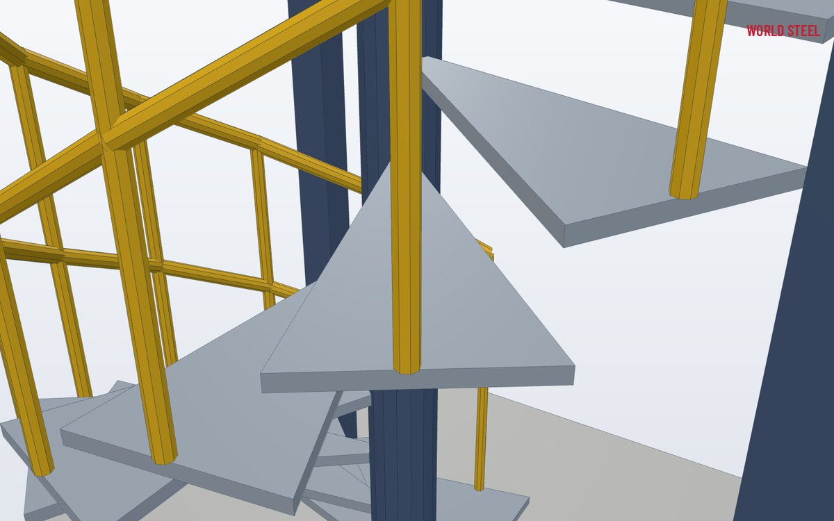 Close-up of the centre column and wedge-shaped steel treads of a spiral stair
