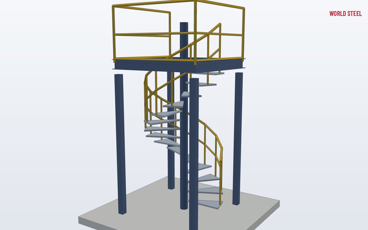 Low-angle view of a spiral stair with handrail rising to a top landing
