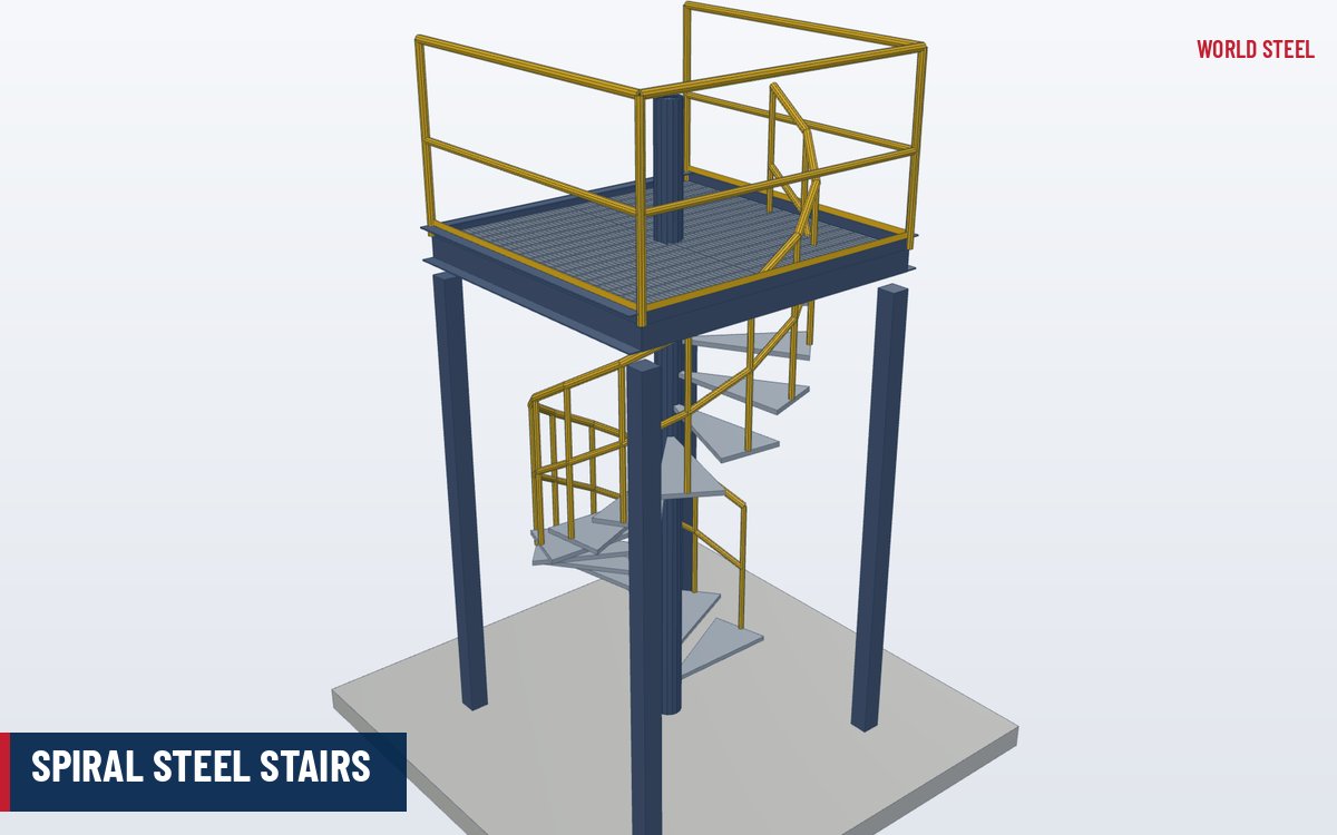 Isometric render of a spiral steel stair with centre column, wedge treads and helical handrail