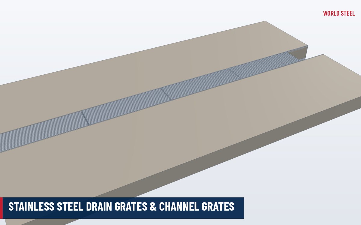 Stainless steel slot channel grate set in a paved surface