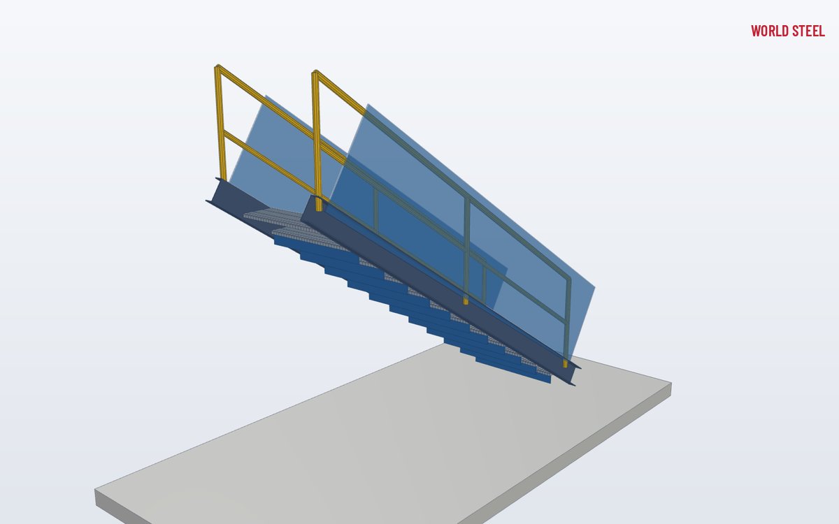 Low-angle view of a stair with mesh panels in the triangle under the handrail