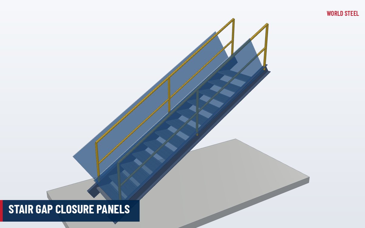 Isometric 3D render of an existing steel stair with closure panels on risers and under the handrail