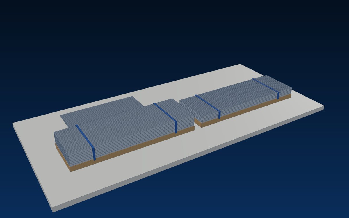 Galvanised grating panels stacked and strapped on timber pallets