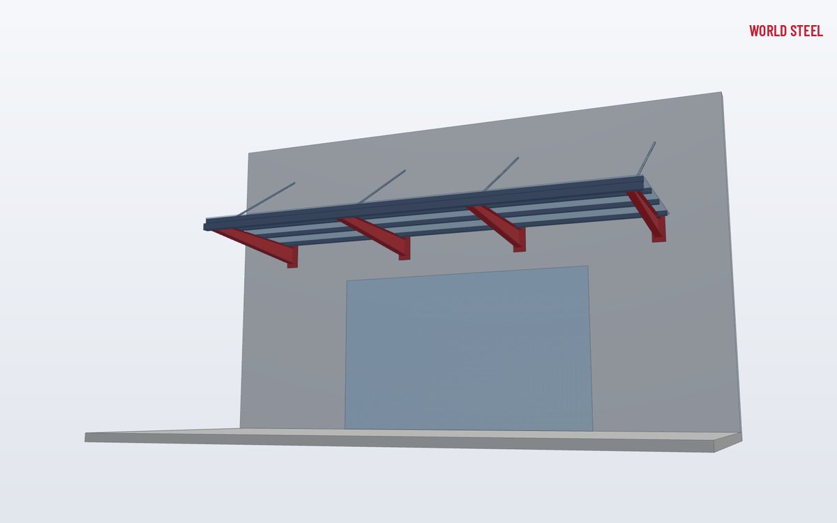 Low-angle view of a cantilever steel canopy over a building entrance