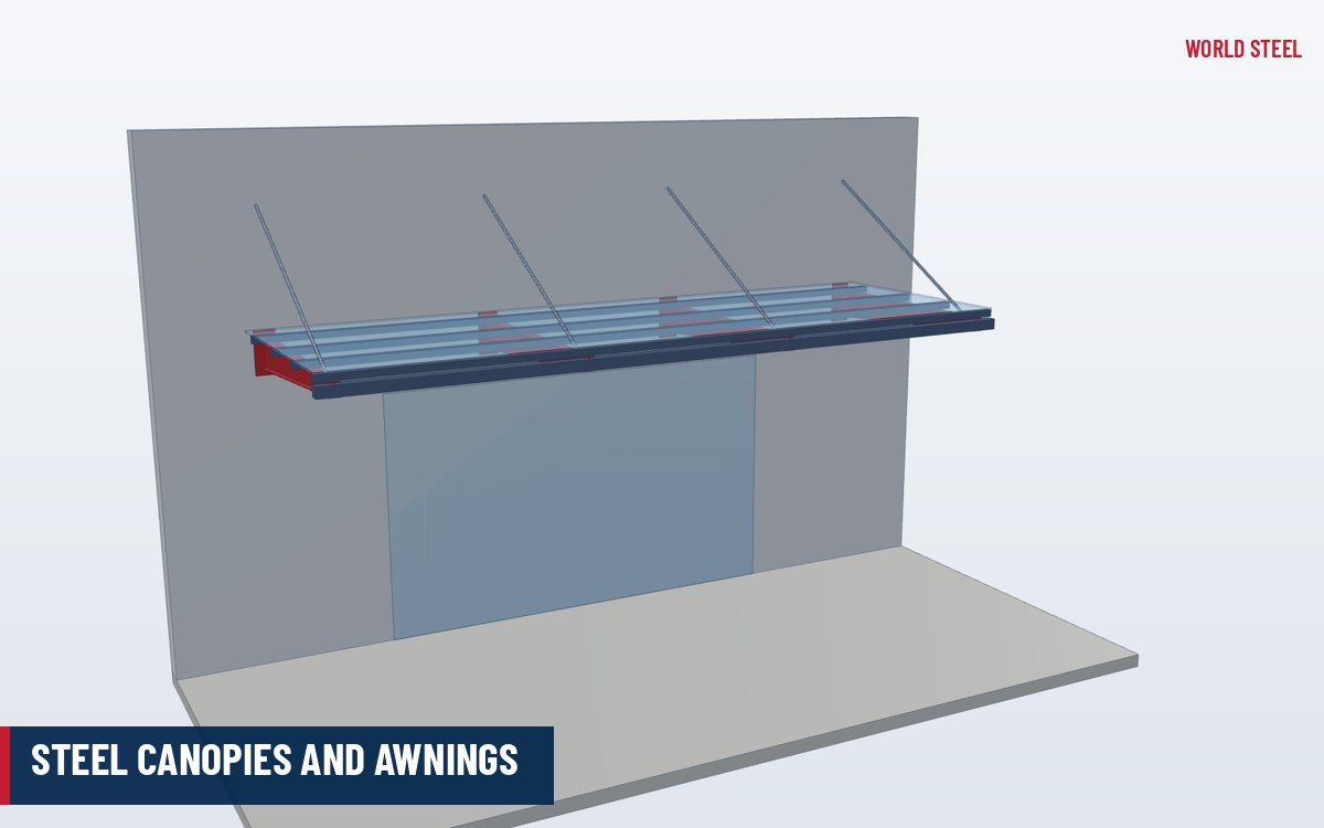Isometric 3D render of a cantilever steel entrance canopy with tie rods