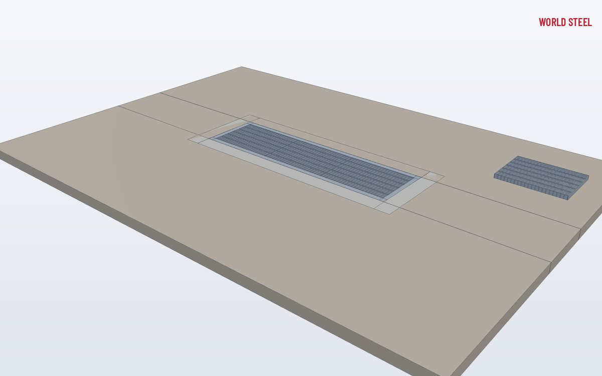 Low-angle view of steel drainage grates set flush in a concrete surround