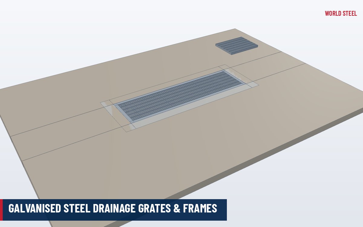 Hot-dip galvanised steel drainage grate seated in an angle frame