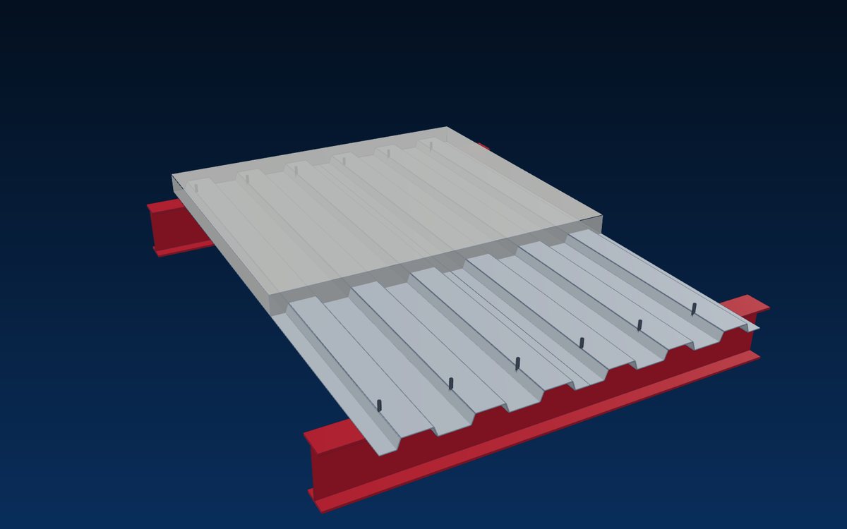 Composite floor deck on steel beams with shear studs and concrete topping