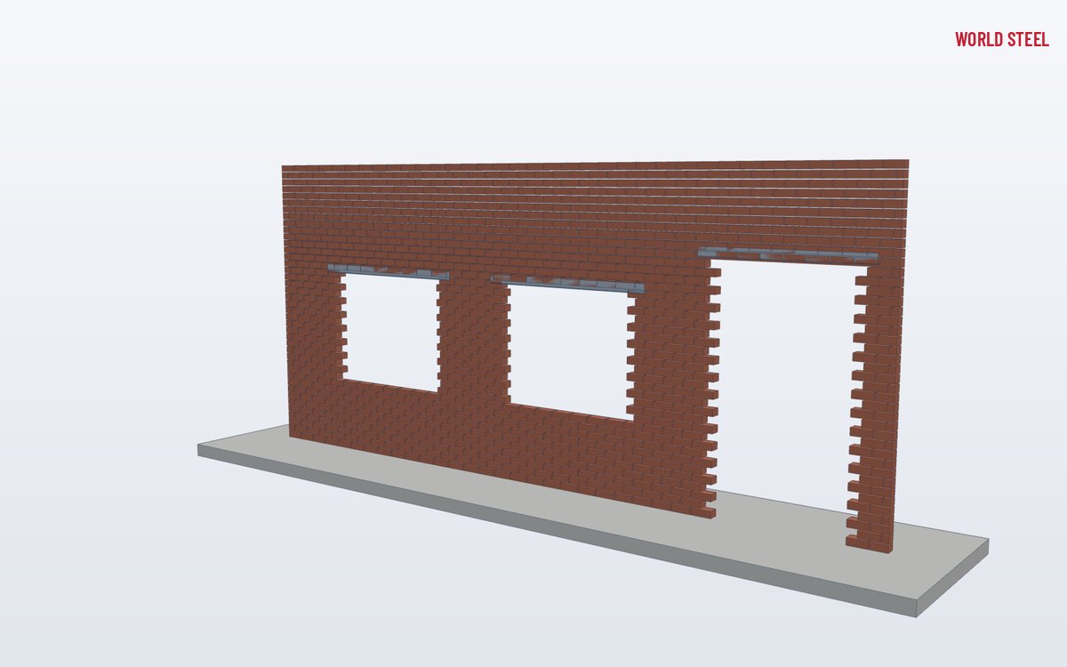 Low-angle view of steel lintels over openings in a brick wall