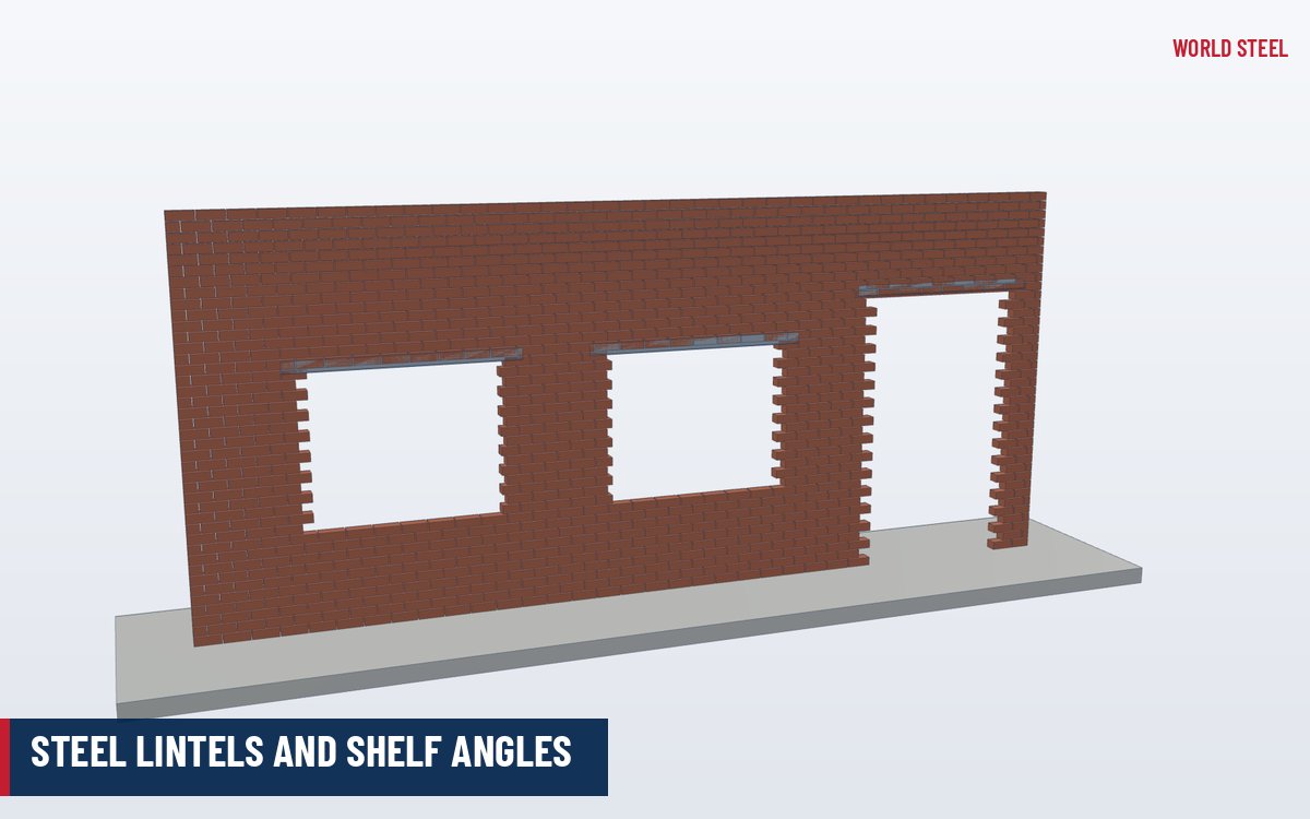 Isometric 3D render of galvanized steel lintels and a shelf angle