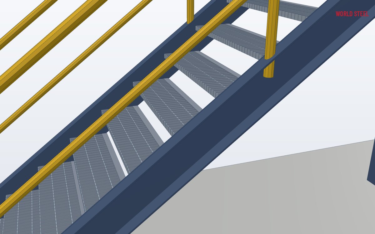 Close-up of a stair stringer, bolted tread connection and handrail post