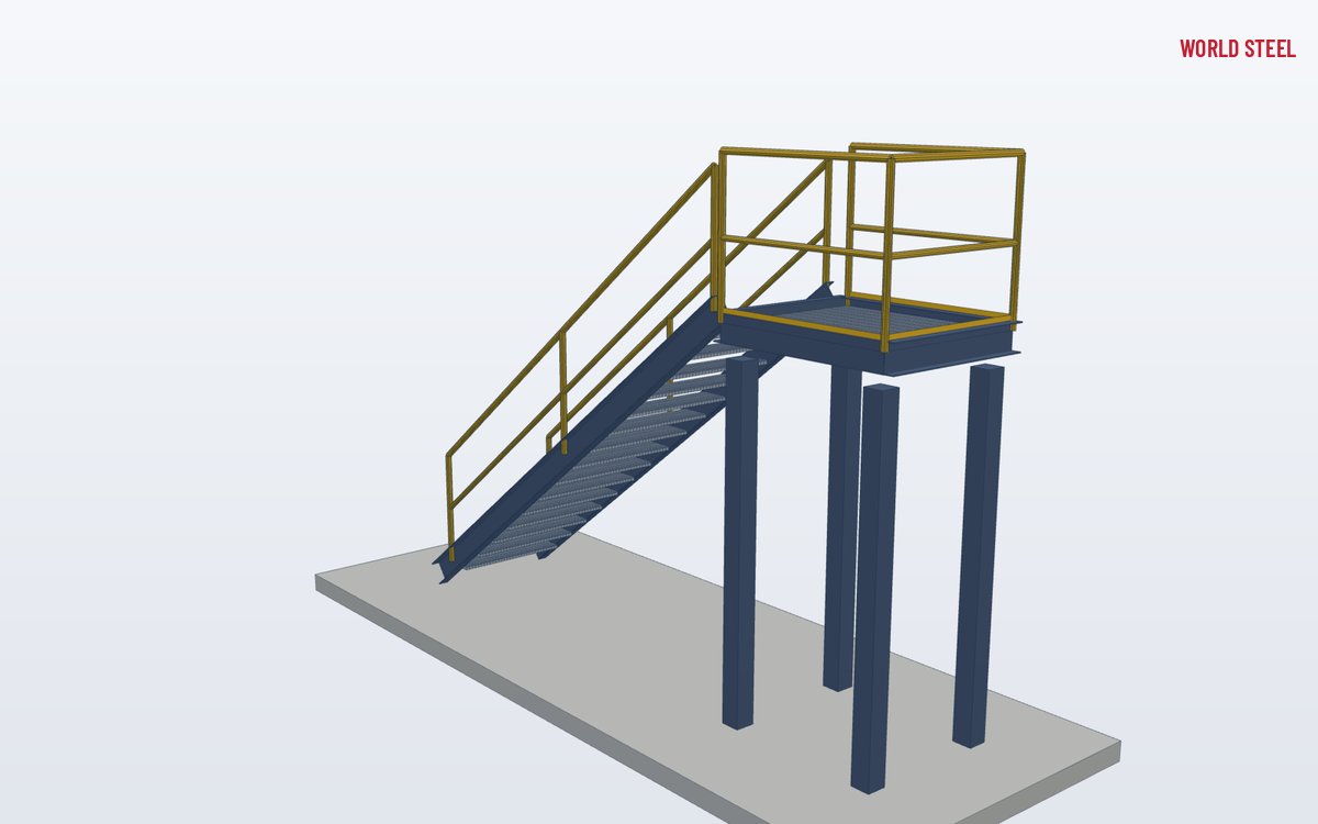 Low-angle view of a straight steel stair with handrails and top landing