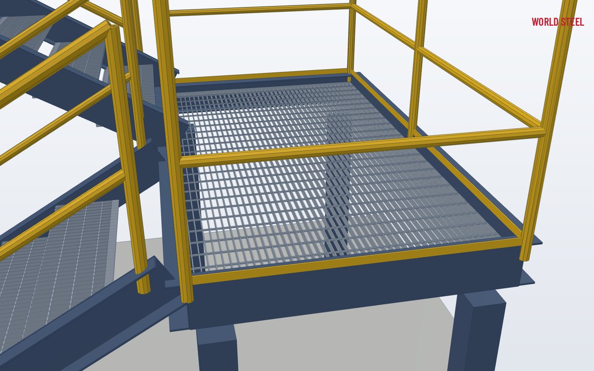Close-up of an intermediate stair landing with the handrail returning between flights