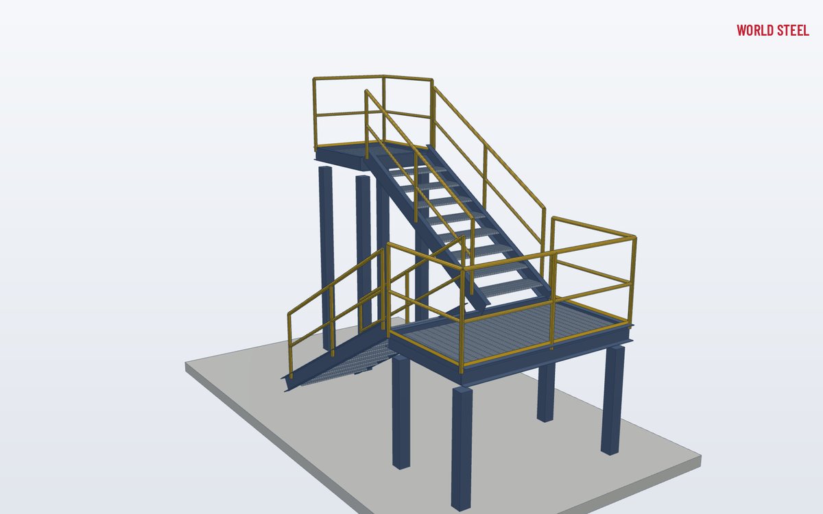 Low-angle view of a two-flight switchback stair with intermediate landing